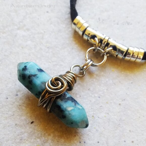 Hand Crafted Jewelry - Unique Rustic Rugged Tomboy Necklace ~ Blue Kiwi Jasper + Black Cordage